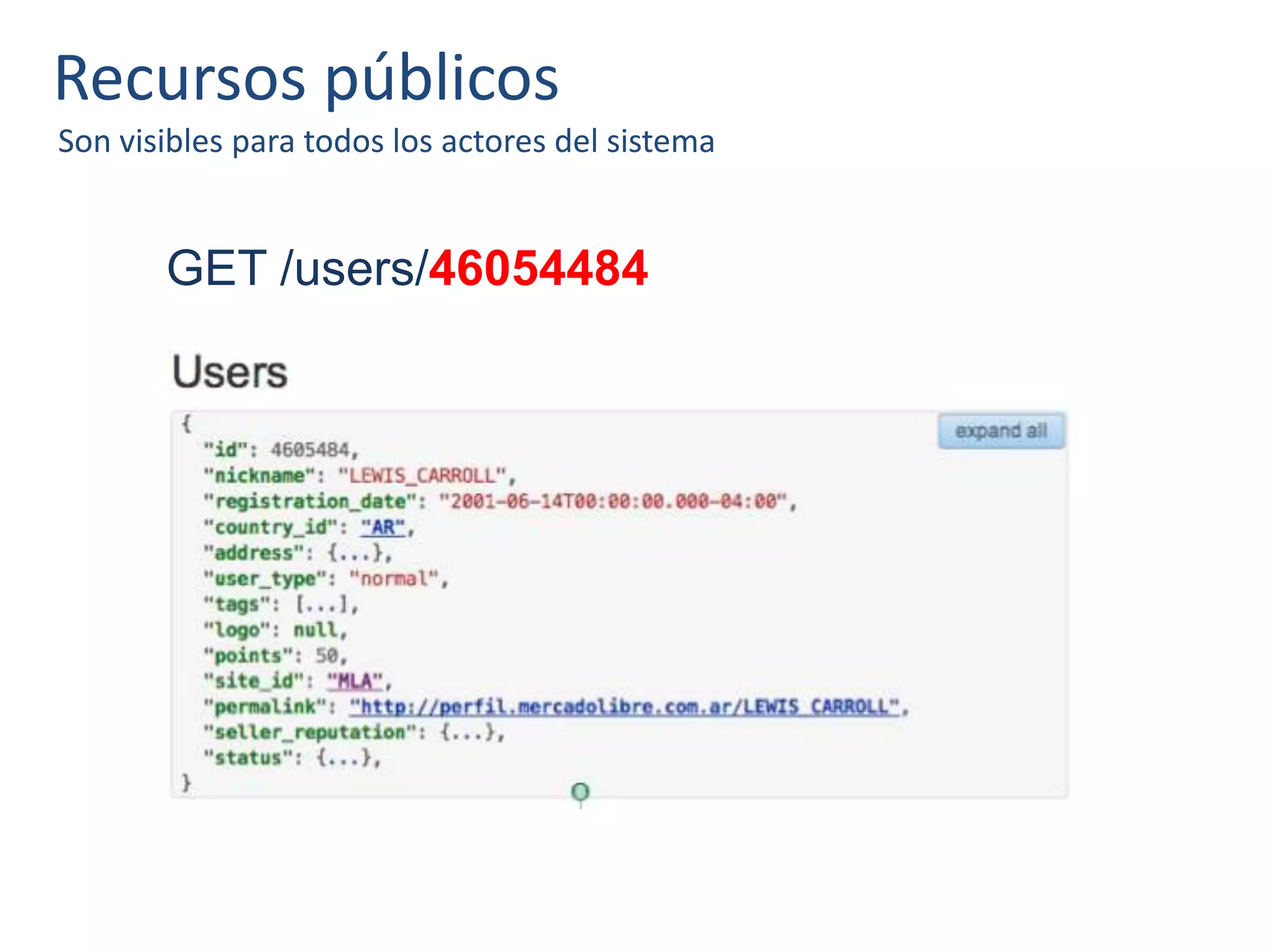 Recursos públicos
Son visibles para todos los actores del sistema
GET /users/46054484
 
