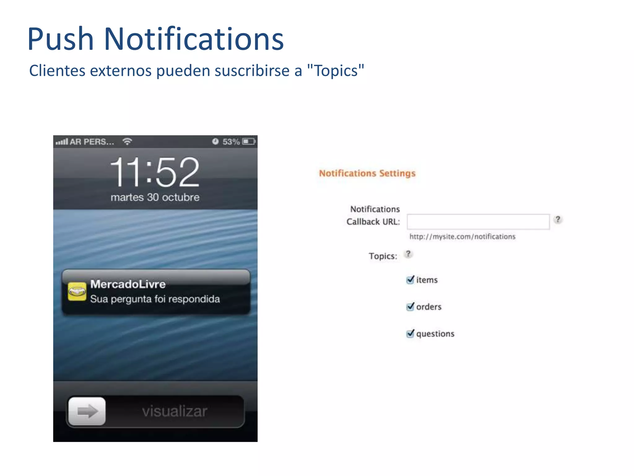 Push Notifications
Clientes externos pueden suscribirse a "Topics"
 