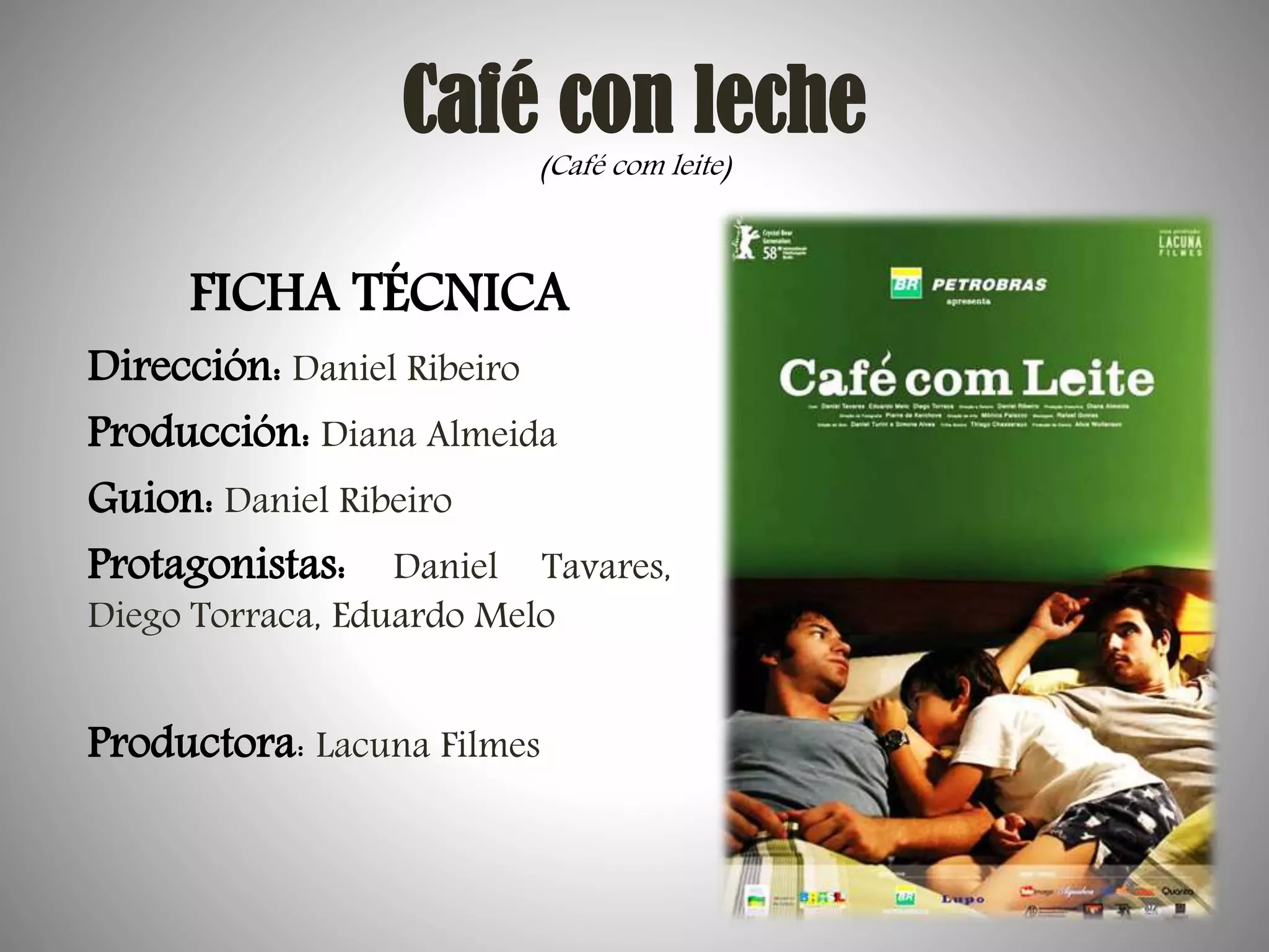 Café con leche
(Café com leite)

FICHA TÉCNICA

Dirección: Daniel Ribeiro
Producción: Diana Almeida
Guion: Daniel Ribeiro
Protagonistas: Daniel Tavares,
Diego Torraca, Eduardo Melo

Productora: Lacuna Filmes

 