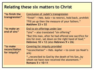 Relating these six matters to Christ Covering for iniquity provided “ reconciliation” = Heb.  kaphar  = to cover (as Noah’s ark) “… reconciled to God by the death of his Son…by whom we have now received the atonement.”  Romans 5 v 10-11 “ to make reconciliation for iniquity” End to sin offerings under law “ sins” = also translated “sin offering” “ But this man, after he had offered one sacrifice for sins for ever, sat down on the right hand of God;”  Hebrews 10 v 12  (also  Hebrews 9 v 26 ) “ to make an end of sins” Conclusion of Judah’s transgression “ finish” = Heb.  kala  = to restrict, hold back, prohibit “ Fill ye up then the measure of your fathers.”  Matthew 23 v 32 “ to finish the transgression”   