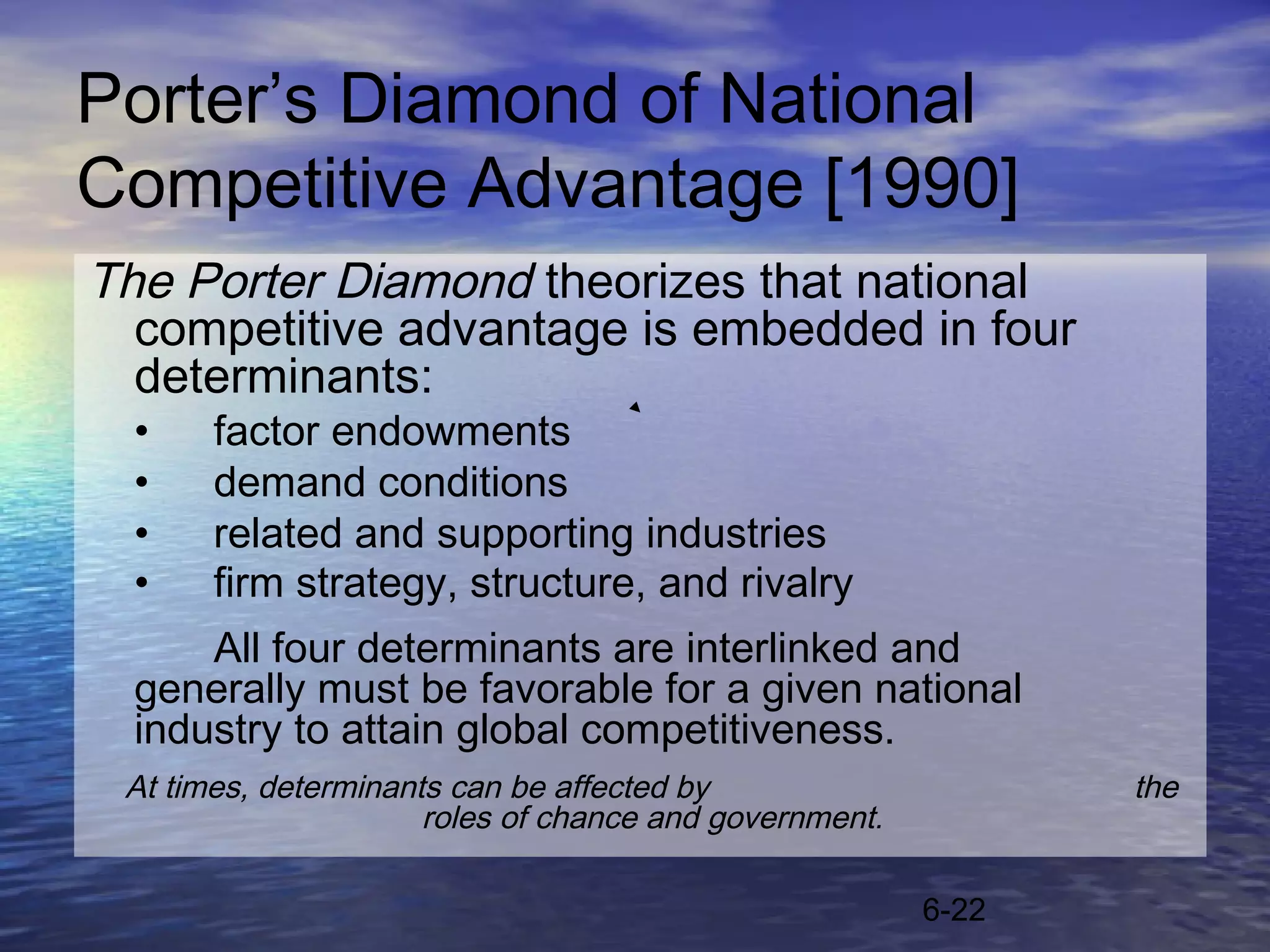 Porter’s Diamond of National
Competitive Advantage [1990]
The Porter Diamond theorizes that national
  competitive advantage is embedded in four
  determinants:
  •    factor endowments
  •    demand conditions
  •    related and supporting industries
  •    firm strategy, structure, and rivalry
      All four determinants are interlinked and
  generally must be favorable for a given national
  industry to attain global competitiveness.
 At times, determinants can be affected by                     the
                      roles of chance and government.

                                                        6-22
 