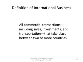 Definition of International Business
All commercial transactions—
including sales, investments, and
transportation—that take place
between two or more countries
Copyright © 2009 Pearson Education,
Inc. publishing as Prentice Hall
1-4
 