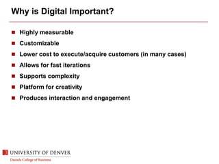 Why is Digital Important?
 Highly measurable
 Customizable
 Lower cost to execute/acquire customers (in many cases)
 Allows for fast iterations
 Supports complexity
 Platform for creativity
 Produces interaction and engagement
 