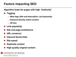 Factors impacting SEO
Algorithm looks for pages with high “Authority”
 Tagging
— Meta tags (title and description, not keywords)
— Keyword density within content
— Alt text
 Link popularity
 Site and page architecture
 URL construct
 Inbound Social links
 Site speed
 Duplicate content
 High quality original content
 