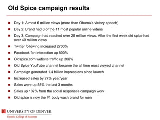 Old Spice campaign results
 Day 1: Almost 6 million views (more than Obama’s victory speech)
 Day 2: Brand had 8 of the 11 most popular online videos
 Day 3: Campaign had reached over 20 million views. After the first week old spice had
over 40 million views
 Twitter following increased 2700%
 Facebook fan interaction up 800%
 Oldspice.com website traffic up 300%
 Old Spice YouTube channel became the all time most viewed channel
 Campaign generated 1.4 billion impressions since launch
 Increased sales by 27% year/year
 Sales were up 55% the last 3 months
 Sales up 107% from the social responses campaign work
 Old spice is now the #1 body wash brand for men
 