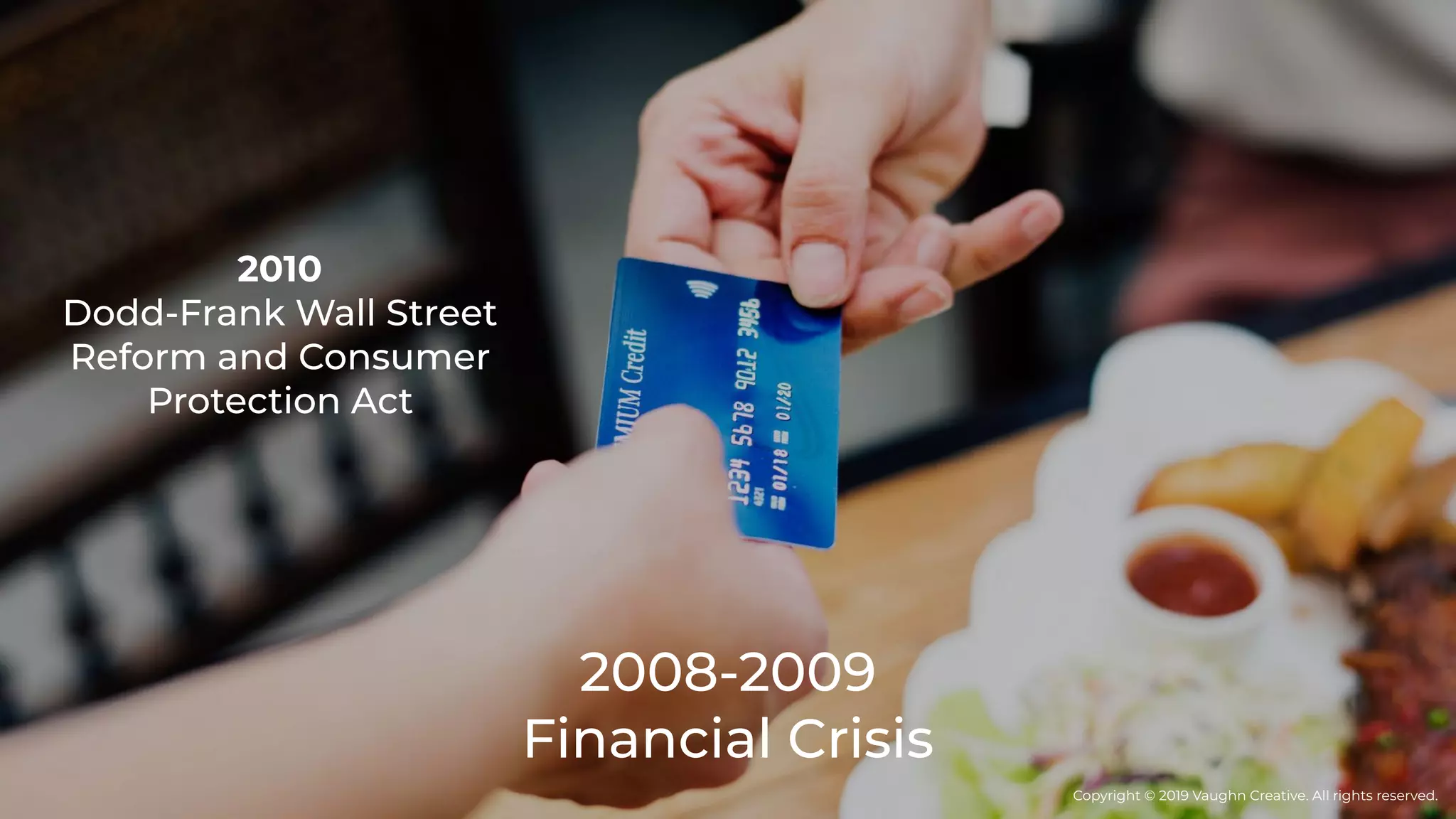 2010
Dodd-Frank Wall Street
Reform and Consumer
Protection Act
2008-2009
Financial Crisis
Copyright © 2019 Vaughn Creative. All rights reserved.
 