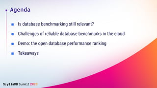 ■ Is database benchmarking still relevant?
■ Challenges of reliable database benchmarks in the cloud
■ Demo: the open data...