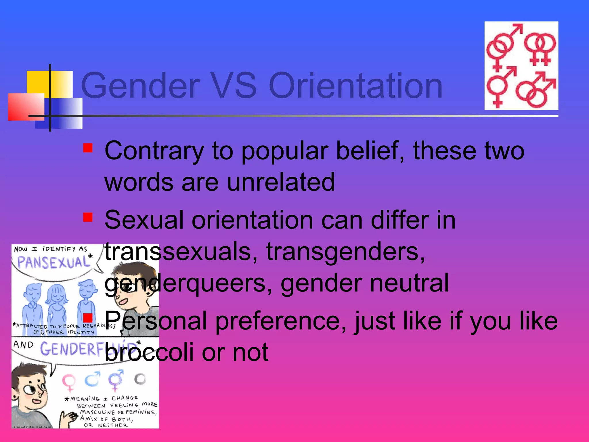 Gender VS Orientation






Contrary to popular belief, these two
words are unrelated
Sexual orientation can differ in
transsexuals, transgenders,
genderqueers, gender neutral
Personal preference, just like if you like
broccoli or not

 