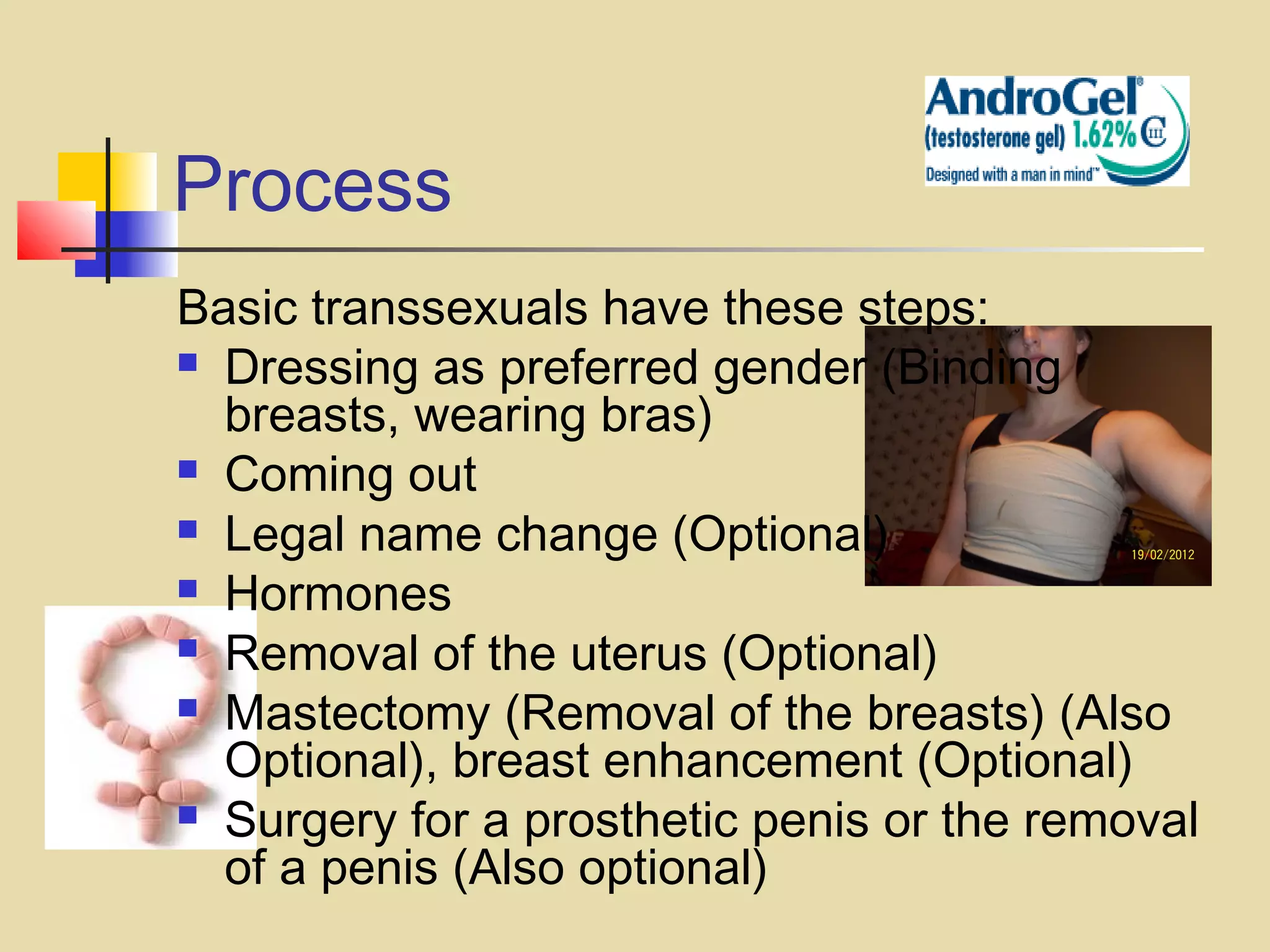 Process
Basic transsexuals have these steps:
 Dressing as preferred gender (Binding
breasts, wearing bras)
 Coming out
 Legal name change (Optional)
 Hormones
 Removal of the uterus (Optional)
 Mastectomy (Removal of the breasts) (Also
Optional), breast enhancement (Optional)
 Surgery for a prosthetic penis or the removal
of a penis (Also optional)

 