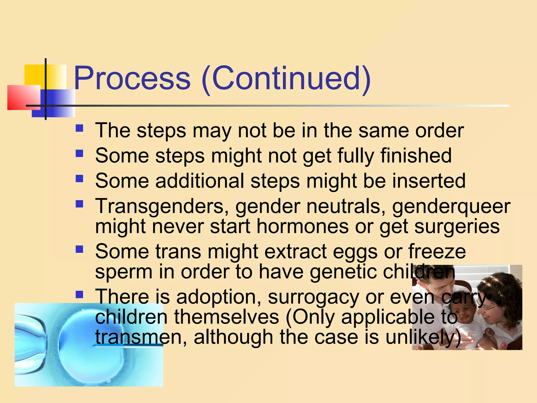 Process (Continued)









The steps may not be in the same order
Some steps might not get fully finished
Some additional steps might be inserted
Transgenders, gender neutrals, genderqueer
might never start hormones or get surgeries
Some trans might extract eggs or freeze
sperm in order to have genetic children
There is adoption, surrogacy or even carry
children themselves (Only applicable to
transmen, although the case is unlikely)

 