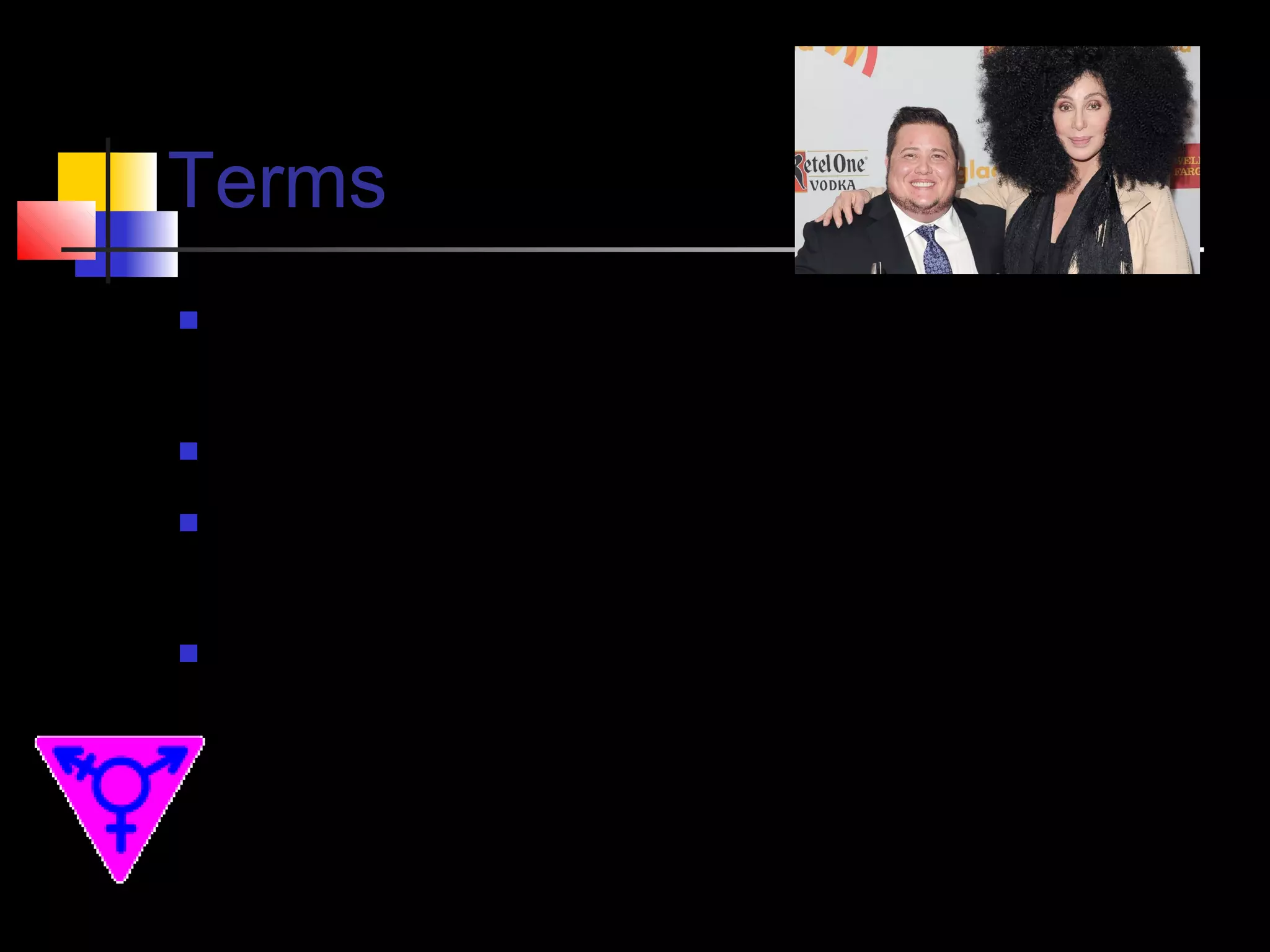 Terms







Transman: Female to male transsexual or
transgender.
Transwoman: Male to female
Transsexual: A person who wants to
physically and socially change their gender
Transgender: A person who wants to appear
the opposite gender, but might not pursue
surgeries

 