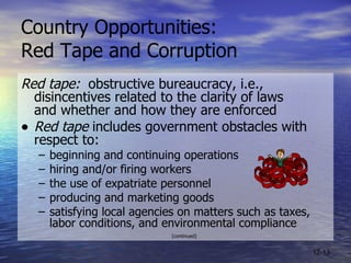 Country Opportunities:  Red Tape and Corruption <ul><li>Red tape:   obstructive bureaucracy, i.e., disincentives related t...