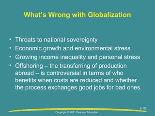 What’s Wrong with Globalization

•
•
•
•

Threats to national sovereignty
Economic growth and environmental stress
Growing income inequality and personal stress
Offshoring – the transferring of production
abroad – is controversial in terms of who
benefits when costs are reduced and whether
the process exchanges good jobs for bad ones.

1-10
Copyright © 2011 Pearson Education

 