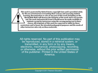 All rights reserved. No part of this publication may
be reproduced, stored in a retrieval system, or
transmitted, in any form or by any means,
electronic, mechanical, photocopying, recording,
or otherwise, without the prior written permission
of the publisher. Printed in the United States of
America.

1-20
Copyright © 2011 Pearson Education

 