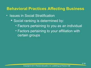 Copyright © 2011 Pearson Education, Inc. publishing as Prentice Hall
2-16
Behavioral Practices Affecting Business
• Issues in Social Stratification
 Social ranking is determined by:
• Factors pertaining to you as an individual
• Factors pertaining to your affiliation with
certain groups
 