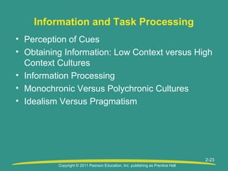 Copyright © 2011 Pearson Education, Inc. publishing as Prentice Hall
2-23
Information and Task Processing
• Perception of Cues
• Obtaining Information: Low Context versus High
Context Cultures
• Information Processing
• Monochronic Versus Polychronic Cultures
• Idealism Versus Pragmatism
 