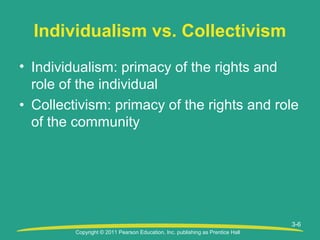 Copyright © 2011 Pearson Education, Inc. publishing as Prentice Hall
3-6
Individualism vs. Collectivism
• Individualism: primacy of the rights and
role of the individual
• Collectivism: primacy of the rights and role
of the community
 