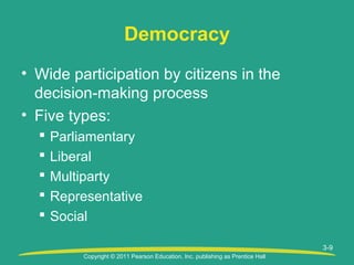 Copyright © 2011 Pearson Education, Inc. publishing as Prentice Hall
3-9
Democracy
• Wide participation by citizens in the
decision-making process
• Five types:
 Parliamentary
 Liberal
 Multiparty
 Representative
 Social
 
