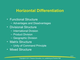 Copyright © 2011 Pearson Education, Inc. publishing as Prentice Hall
15-9
Horizontal Differentiation
• Functional Structure
– Advantages and Disadvantages
• Divisional Structure
– International Division
– Product Division
– Geographic Division
• Matrix Structure
– Unity of Command Principle
• Mixed Structure
 