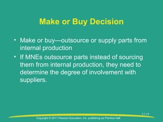 Copyright © 2011 Pearson Education, Inc. publishing as Prentice Hall
17-15
Make or Buy Decision
• Make or buy—outsource or supply parts from
internal production
• If MNEs outsource parts instead of sourcing
them from internal production, they need to
determine the degree of involvement with
suppliers.
 