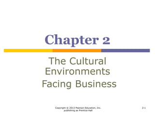 Copyright © 2013 Pearson Education, Inc.
publishing as Prentice Hall
2-1
Chapter 2
The Cultural
Environments
Facing Business
 