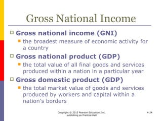 Copyright © 2013 Pearson Education, Inc.
publishing as Prentice Hall
4-24
Improving Analysis
 GNI data should be adjusted for
 the growth rate of the economy
 the number of people in a country
 the local cost of living
 