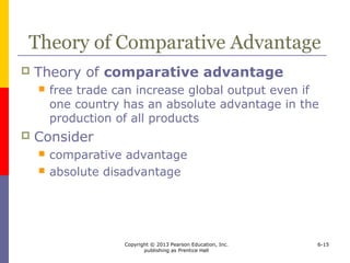 Copyright © 2013 Pearson Education, Inc.
publishing as Prentice Hall
6-15
Theory of Comparative Advantage
 Theory of comparative advantage
 free trade can increase global output even if
one country has an absolute advantage in the
production of all products
 Consider
 comparative advantage
 absolute disadvantage
 