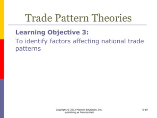 Copyright © 2013 Pearson Education, Inc.
publishing as Prentice Hall
6-19
Trade Pattern Theories
Learning Objective 3:
To identify factors affecting national trade
patterns
 