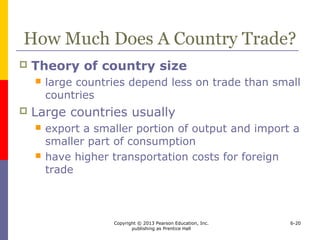 Copyright © 2013 Pearson Education, Inc.
publishing as Prentice Hall
6-20
How Much Does A Country Trade?
 Theory of country size
 large countries depend less on trade than small
countries
 Large countries usually
 export a smaller portion of output and import a
smaller part of consumption
 have higher transportation costs for foreign
trade
 