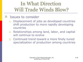 Copyright © 2013 Pearson Education, Inc.
publishing as Prentice Hall
6-36
In What Direction
Will Trade Winds Blow?
 Issues to consider
1. Displacement of jobs as developed countries
shift production to more rapidly developing
countries
2. Relationships among land, labor, and capital
will continue to evolve
3. Continued trend toward a more finely tuned
specialization of production among countries
 