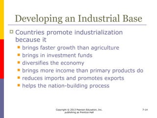 Copyright © 2013 Pearson Education, Inc.
publishing as Prentice Hall
7-14
Developing an Industrial Base
 The industrialization argument
 unregulated imports of lower priced products
prevents the development of a domestic
industry
 Assumptions
 Surplus Workers
 Investment Inflows
 Diversification
 Growth in Manufactured Goods
 Import Substitution and Export-Led
Development
 Nation Building
 