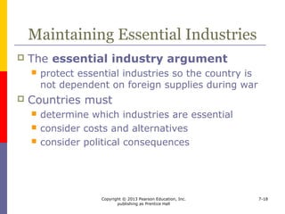 Copyright © 2013 Pearson Education, Inc.
publishing as Prentice Hall
7-18
Promoting Acceptable
Practices Abroad
 Import trade controls can be used
 to promote changes in foreign countries’
political policies or capabilities
 as a foreign policy weapon
 to pressure governments to alter their stances
on a variety of issues
 human rights
 environmental protection
 