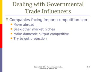 Copyright © 2013 Pearson Education, Inc.
publishing as Prentice Hall
7-30
Tactics For Dealing
With Import Competition
 Convince decision makers of the merits of
particular policies
 Involve the industry and stakeholders
 Prepare for changes in the competitive
environment
 
