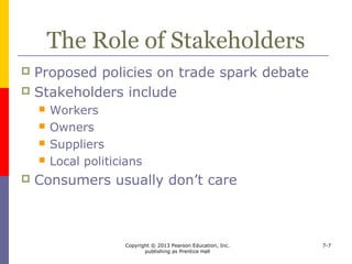 Copyright © 2013 Pearson Education, Inc.
publishing as Prentice Hall
7-7
Economic Rationales for
Government Intervention
Learning Objective 1:
To explain the rationales for governmental
policies that enhance and restrict trade
 
