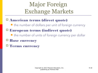 Copyright © 2013 Pearson Education, Inc.
publishing as Prentice Hall
9-18
Major Foreign
Exchange Markets
 American terms (direct quote)
 the number of dollars per unit of foreign currency
 European terms (indirect quote)
 the number of units of foreign currency per dollar
 Base currency
 Terms currency
 