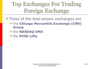 Copyright © 2013 Pearson Education, Inc.
publishing as Prentice Hall
9-23
Top Exchanges For Trading
Foreign Exchange
 Three of the best-known exchanges are
 the Chicago Mercantile Exchange (CME)
Group
 the NASDAQ OMX
 the NYSE Liffe
 