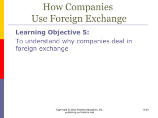 Copyright © 2013 Pearson Education, Inc.
publishing as Prentice Hall
9-24
How Companies
Use Foreign Exchange
Learning Objective 5:
To understand why companies deal in
foreign exchange
 