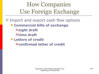 Copyright © 2013 Pearson Education, Inc.
publishing as Prentice Hall
9-25
How Companies
Use Foreign Exchange
 Import and export cash flow options
 Commercial bills of exchange
 sight draft
 time draft
 Letters of credit
 confirmed letter of credit
 