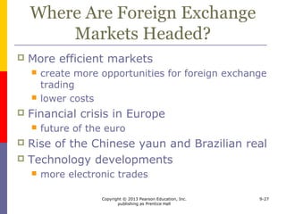 Copyright © 2013 Pearson Education, Inc.
publishing as Prentice Hall
9-27
Where Are Foreign Exchange
Markets Headed?
 More efficient markets
 create more opportunities for foreign exchange
trading
 lower costs
 Financial crisis in Europe
 future of the euro
 Rise of the Chinese yaun and Brazilian real
 Technology developments
 more electronic trades
 