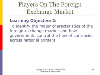 Copyright © 2013 Pearson Education, Inc.
publishing as Prentice Hall
9-5
Players On The Foreign
Exchange Market
Learning Objective 2:
To identify the major characteristics of the
foreign-exchange market and how
governments control the flow of currencies
across national borders
 