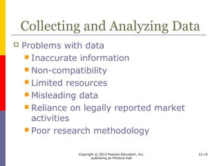 Copyright © 2013 Pearson Education, Inc.
publishing as Prentice Hall
12-15
Collecting and Analyzing Data
 Where can companies collect data?
 Sources of information
External
 government agencies, specialized
services, and trade associations
Internal
 