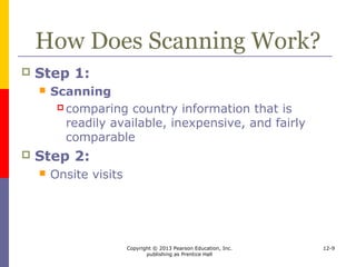 Copyright © 2013 Pearson Education, Inc.
publishing as Prentice Hall
12-9
What Information Is
Important in Scanning?
Learning Objective 3:
To discern the major opportunity and risk
variables a company should consider when
deciding whether and where to expand
abroad
 