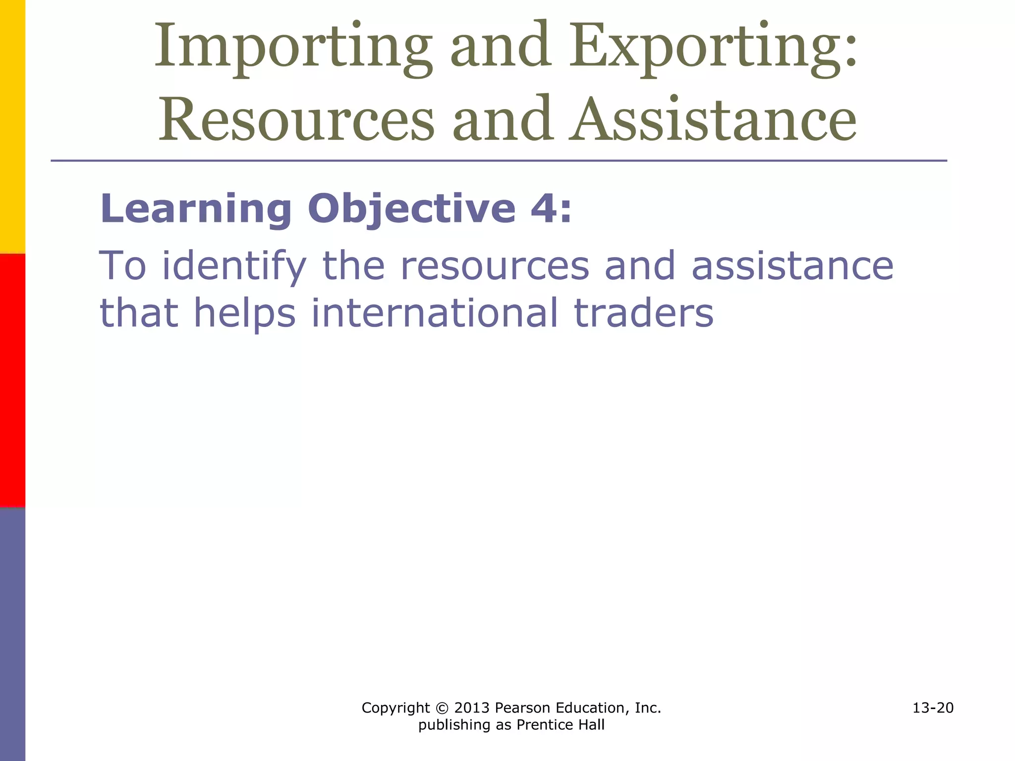 Copyright © 2013 Pearson Education, Inc.
publishing as Prentice Hall
13-20
Importing and Exporting:
Resources and Assistance
Learning Objective 4:
To identify the resources and assistance
that helps international traders
 