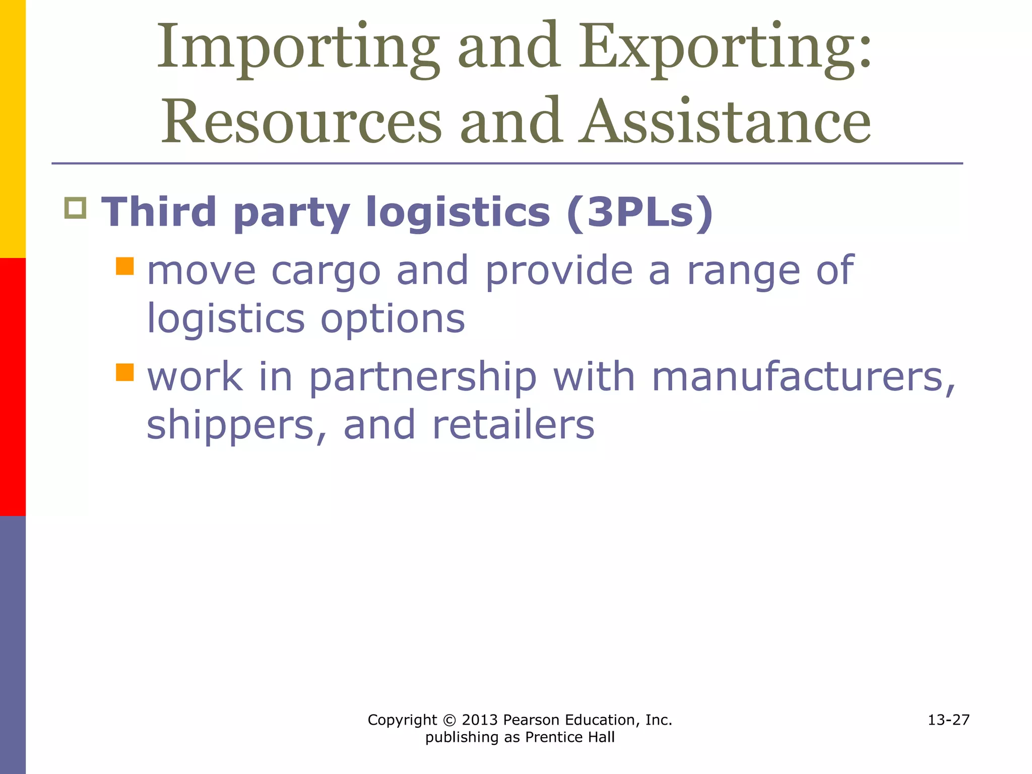 Copyright © 2013 Pearson Education, Inc.
publishing as Prentice Hall
13-27
Importing and Exporting:
Resources and Assistance
 Third party logistics (3PLs)
 move cargo and provide a range of
logistics options
 work in partnership with manufacturers,
shippers, and retailers
 
