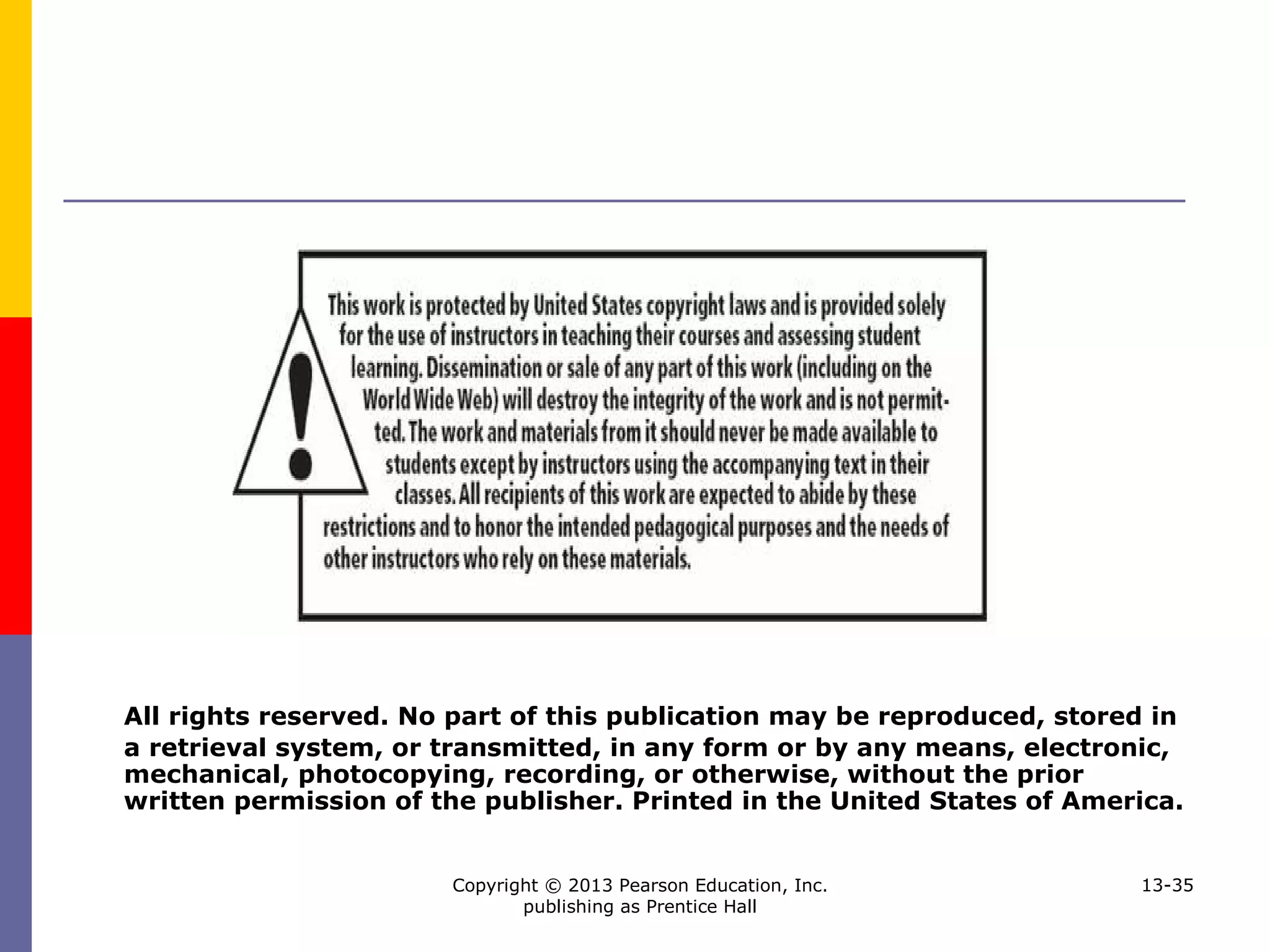 Copyright © 2013 Pearson Education, Inc.
publishing as Prentice Hall
13-35
All rights reserved. No part of this publication may be reproduced, stored in
a retrieval system, or transmitted, in any form or by any means, electronic,
mechanical, photocopying, recording, or otherwise, without the prior
written permission of the publisher. Printed in the United States of America.
 