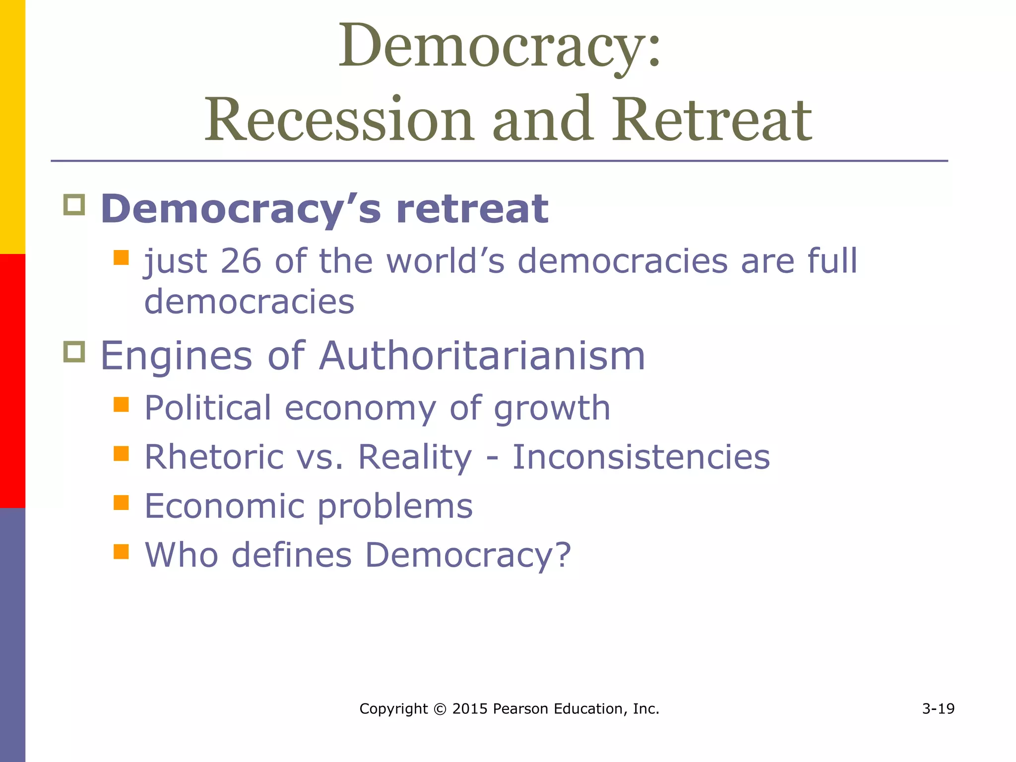 Copyright © 2015 Pearson Education, Inc. 3-19
Democracy:
Recession and Retreat
 Democracy’s retreat
 just 26 of the world’s democracies are full
democracies
 Engines of Authoritarianism
 Political economy of growth
 Rhetoric vs. Reality - Inconsistencies
 Economic problems
 Who defines Democracy?
 
