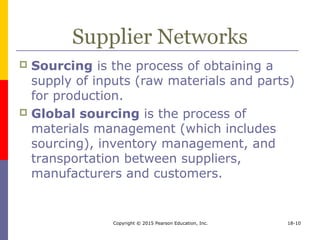 Supplier Networks
 Sourcing is the process of obtaining a
supply of inputs (raw materials and parts)
for production.
 Global sourcing is the process of
materials management (which includes
sourcing), inventory management, and
transportation between suppliers,
manufacturers and customers.
Copyright © 2015 Pearson Education, Inc. 18-10
 