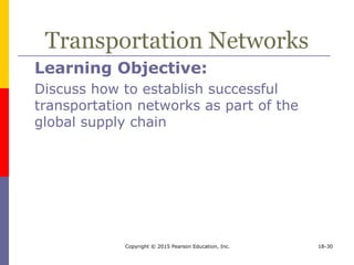 Copyright © 2015 Pearson Education, Inc. 18-30
Transportation Networks
Learning Objective:
Discuss how to establish successful
transportation networks as part of the
global supply chain
 