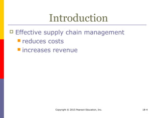 Copyright © 2015 Pearson Education, Inc. 18-4
Introduction
 Effective supply chain management
 reduces costs
 increases revenue
 