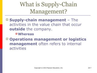 Copyright © 2015 Pearson Education, Inc. 18-7
What is Supply-Chain
Management?
 Supply-chain management – The
activities in the value chain that occur
outside the company.
 Whereas
 Operations management or logistics
management often refers to internal
activities
 